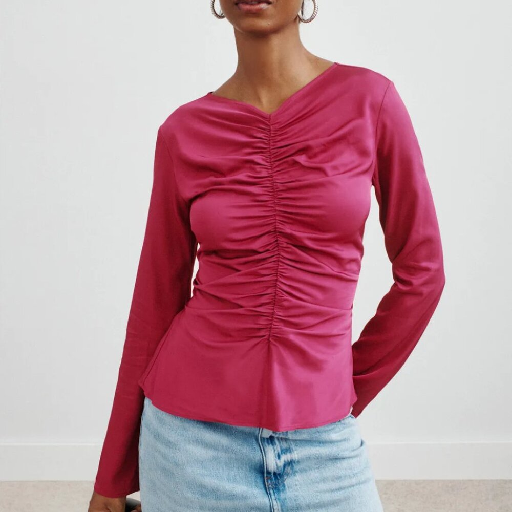 THIRD FORM Allure Gathered Long Sleeve Blouse in Red Pink Ruched 4 / 12